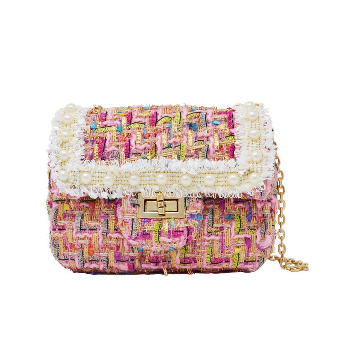 Classic Tweed Handbag with Pearls - White, angled view