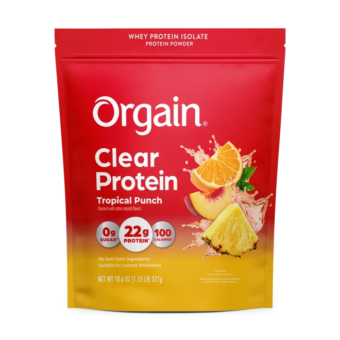 Front of Orgain Clear Whey Protein Powder Tropical Punch Flavor in 18.4 oz pouch
