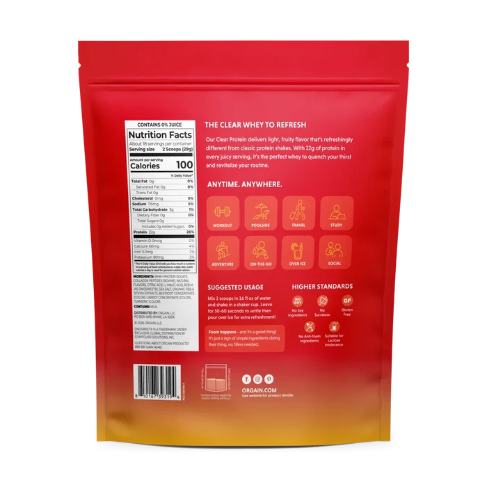 Back of Orgain Clear Whey Protein Powder Tropical Punch Flavor in 18.4 oz pouch