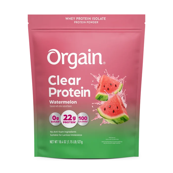 Front of Orgain Clear Whey Protein Powder Watermelon Flavor in 18.4 oz pouch