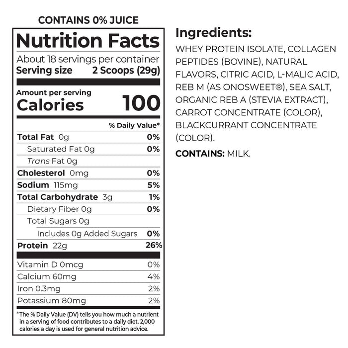 Nutrition Fact Panel and list of ingredients for Orgain Clear Whey Protein Powder Watermelon Flavor in 18.4 oz pouch