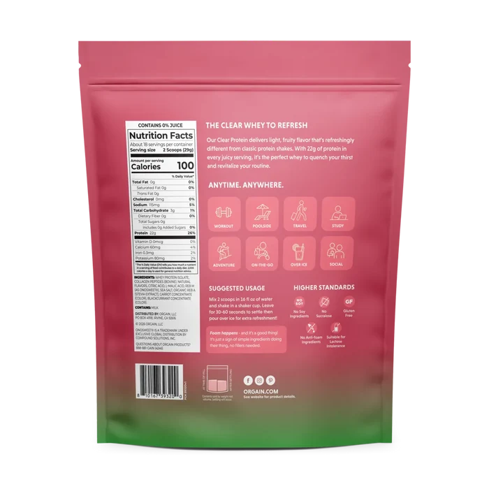 Back of Orgain Clear Whey Protein Powder Watermelon Flavor in 18.4 oz pouch
