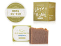Old Whaling Co. coconut milk body butter, bath bomb, and soap on a white background