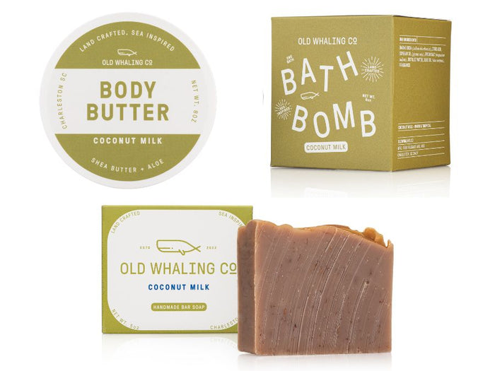 Old Whaling Co. coconut milk body butter, bath bomb, and soap on a white background