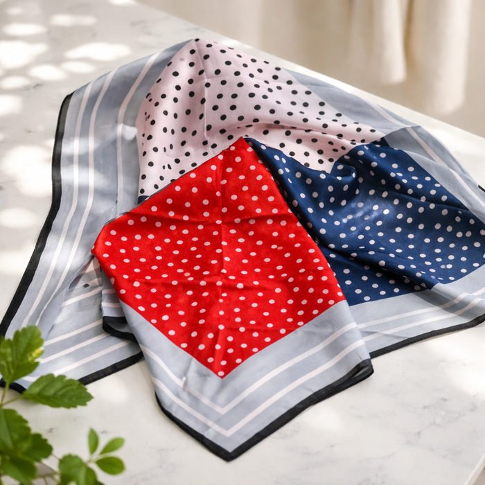 Color Block Polka Dot Silk Scarf – Red, Navy & Blush Patterned Square Scarf