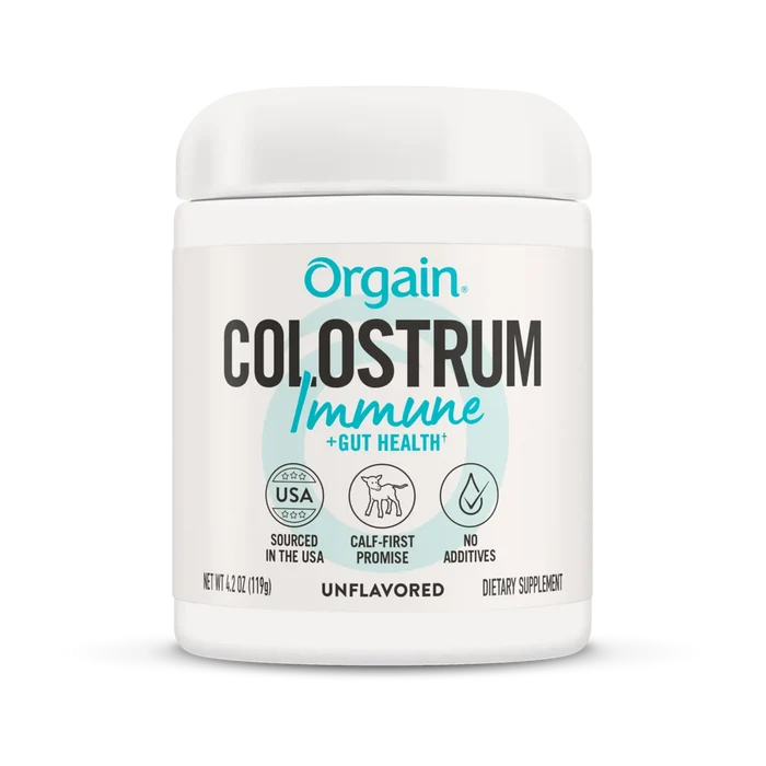 Front of Orgain Colostrum Immune plus gut health powder in a 4.2oz container