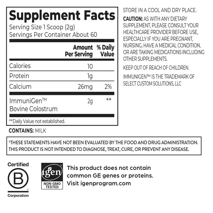 Supplement Fact Panel of Orgain Colostrum Immune plus gut health powder in a 4.2oz container