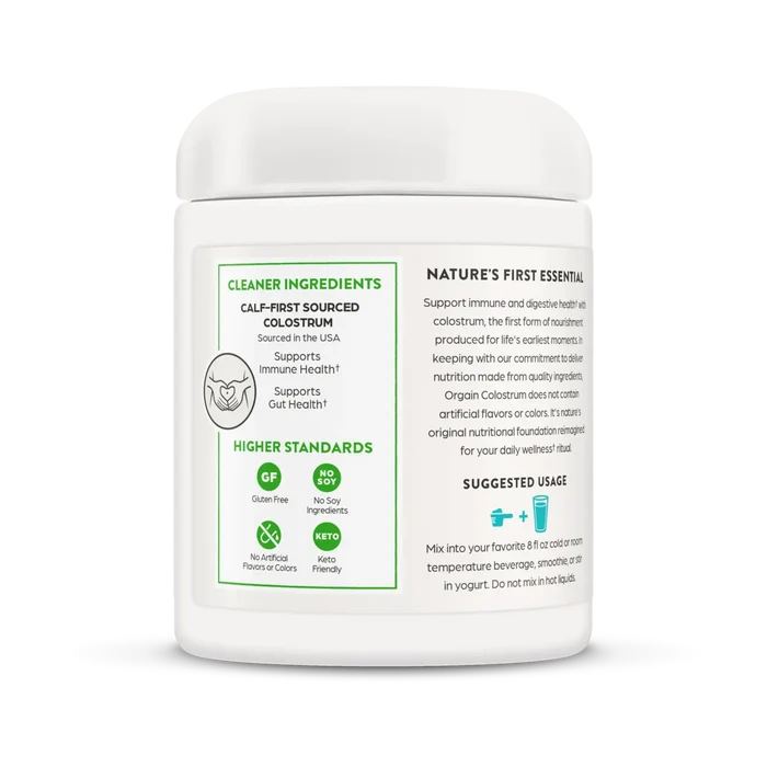 Left side of Orgain Colostrum Immune plus gut health powder in a 4.2oz container