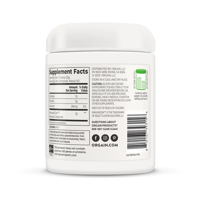 Right side of Orgain Colostrum Immune plus gut health powder in a 4.2oz container