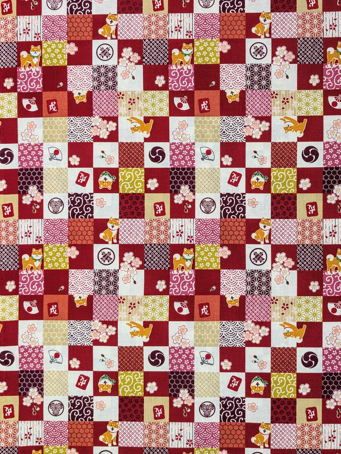 Cosmo - Checkerboard Shibas Cotton Sheeting Fabric - Red REMNANT