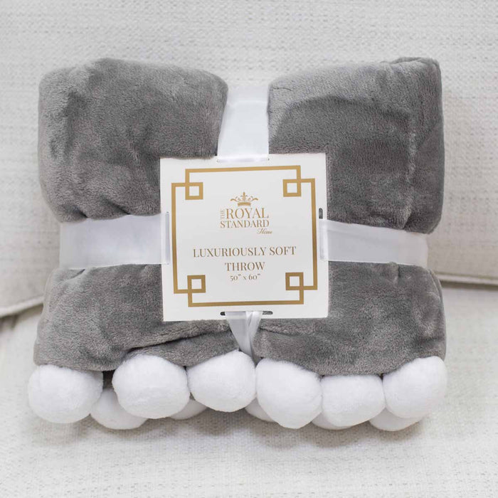 Cozy pom pom throw in gray — soft throw blanket, housewarming and holiday gift