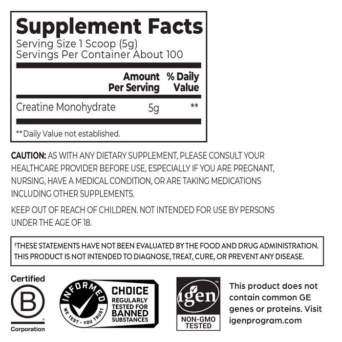 Supplement Fact Panel for Orgain Creatine Powder - Unflavored - 17.64oz