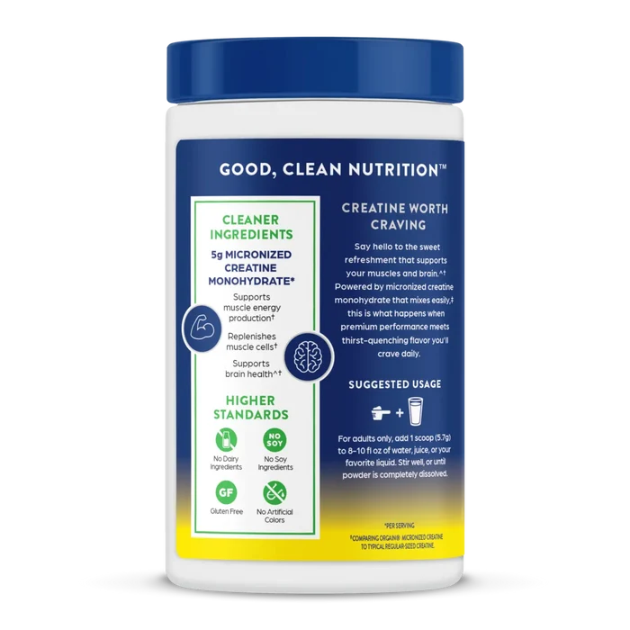 A white plastic bottle of Good, Clean Nutrition Creatine Monohydrate with a dark blue cap and a dark blue label featuring white and green text.