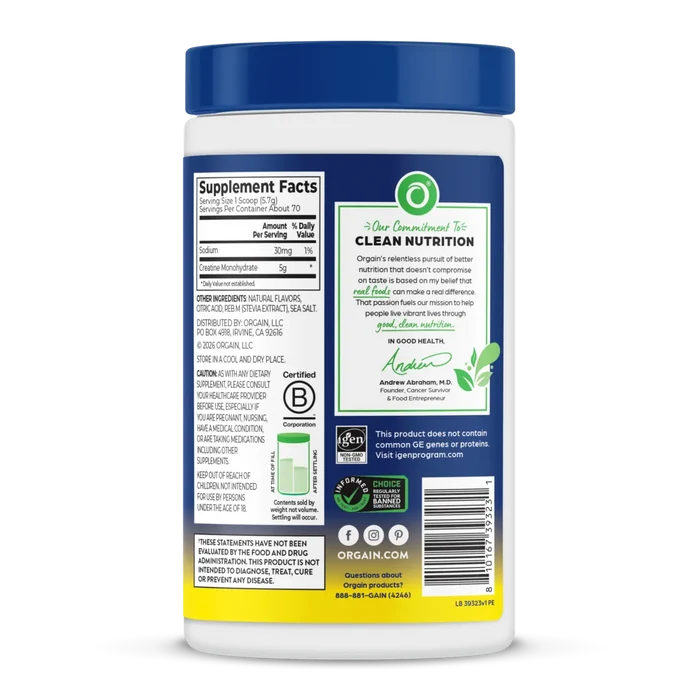 The back of a white plastic bottle of Organics Direct Clean Nutrition supplement powder, featuring a blue cap and detailed supplement facts label.