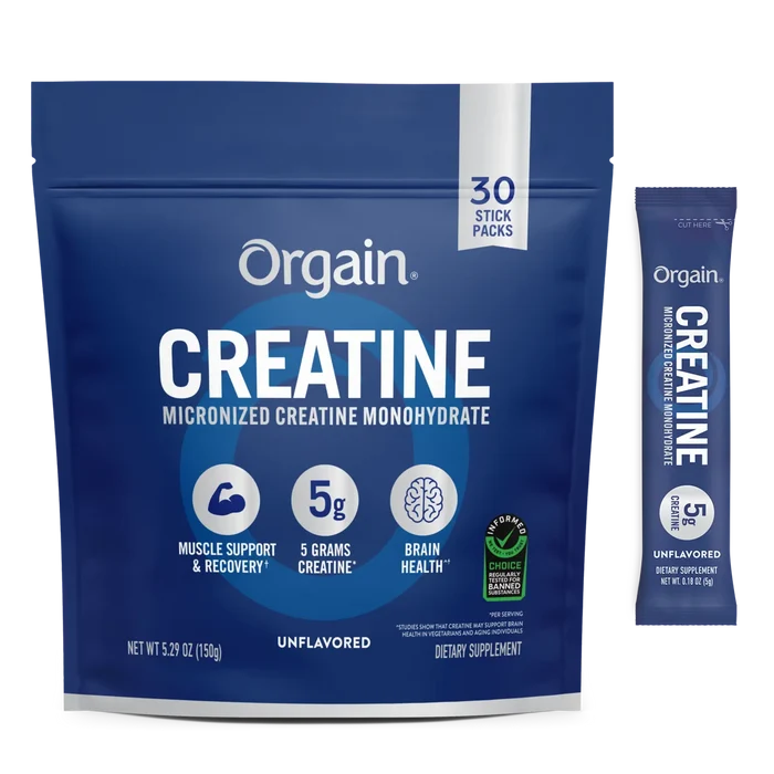 Orgain Creatine Micronized Creatine Monohydrate unflavored powder in a blue resealable stand-up pouch, shown next to a single stick pack on a white background.