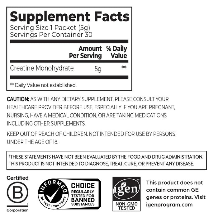 Orgain Creatine Powder Single Serve Packets supplement fact panel