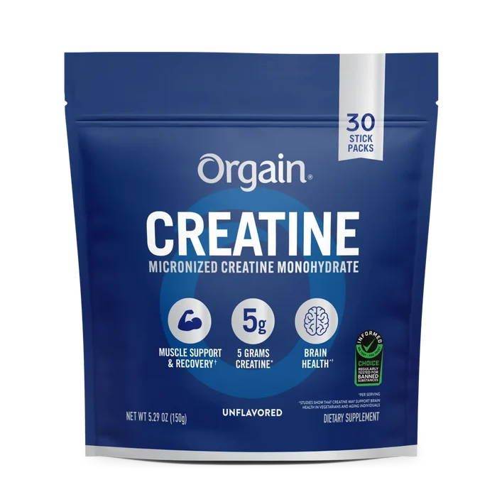 A blue stand-up pouch of Orgain Creatine Micronized Creatine Monohydrate, 30 stick packs, on a white background.