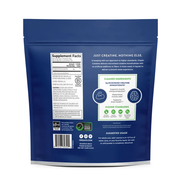 The back of a dark blue stand-up pouch of Orgain Creatine Powder showing supplement facts, branding text, icons, and usage information.