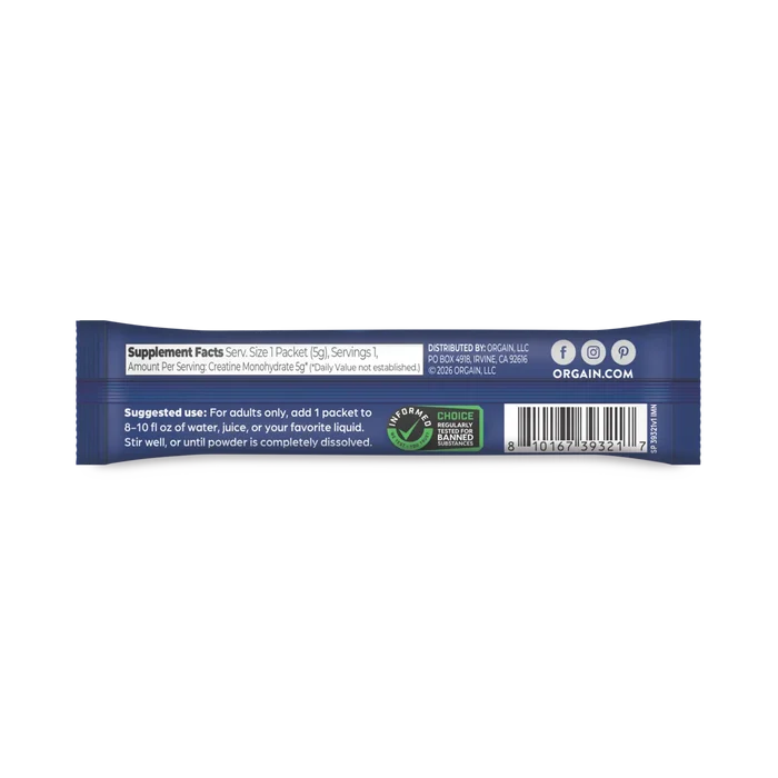 Back of a single Orgain Creatine powder stick pack in dark blue packaging with white text.