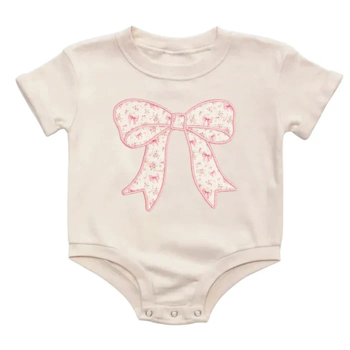 Ditsy Floral Bow Patch Short Sleeve Romper- Natural