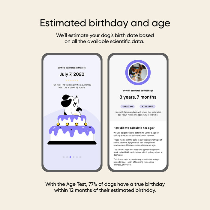 Embark Age Test feature graphic showing two app screens for a dog named Dottie. The left screen displays an estimated birthday of July 7, 2020 with a celebratory illustration. The right screen shows an estimated calendar age of 3 years and 7 months with a confidence range and an explanation of how the age was calculated. Footer text notes that 77% of dogs have a true birthday within 12 months of their estimated birthday.