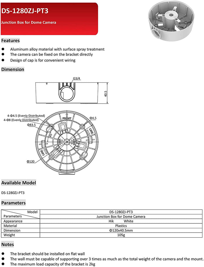 DS-1280ZJ-PT3 Camera Mount Junction Box for Most Hikvision PTZ DS-2DE5184-AE