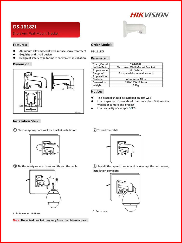DS-1618ZJ Short Arm Indoor/Outdoor Wall Mount Bracket for Most Hikvision PTZ DS-2DE5184-AE
