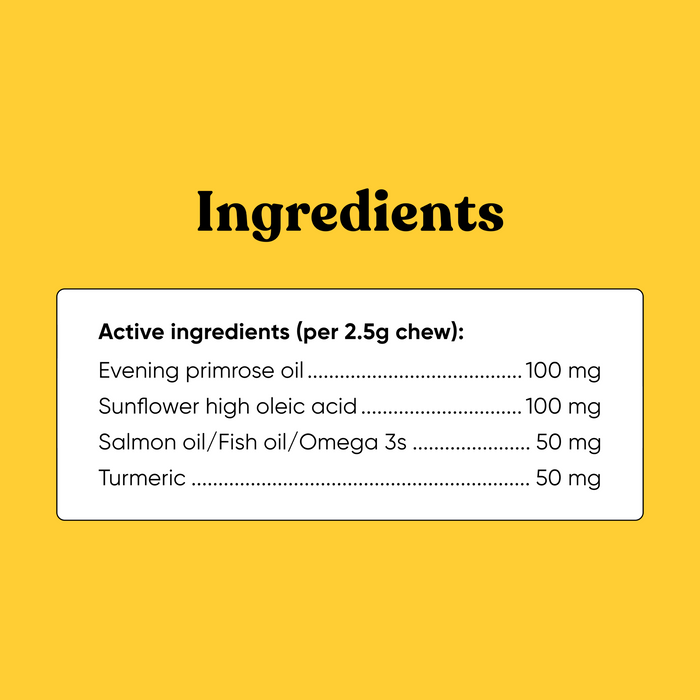 Embark Allergy supplement active ingredients per 2.5g chew: Evening Primrose Oil, Sunflower High Oleic Acid, Salmon Oil, and Turmeric.