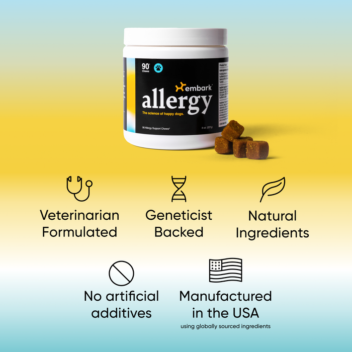 Embark Allergy supplement chew tub with 90 chews, veterinarian formulated, geneticist backed, natural ingredients, no artificial additives, made in the USA.