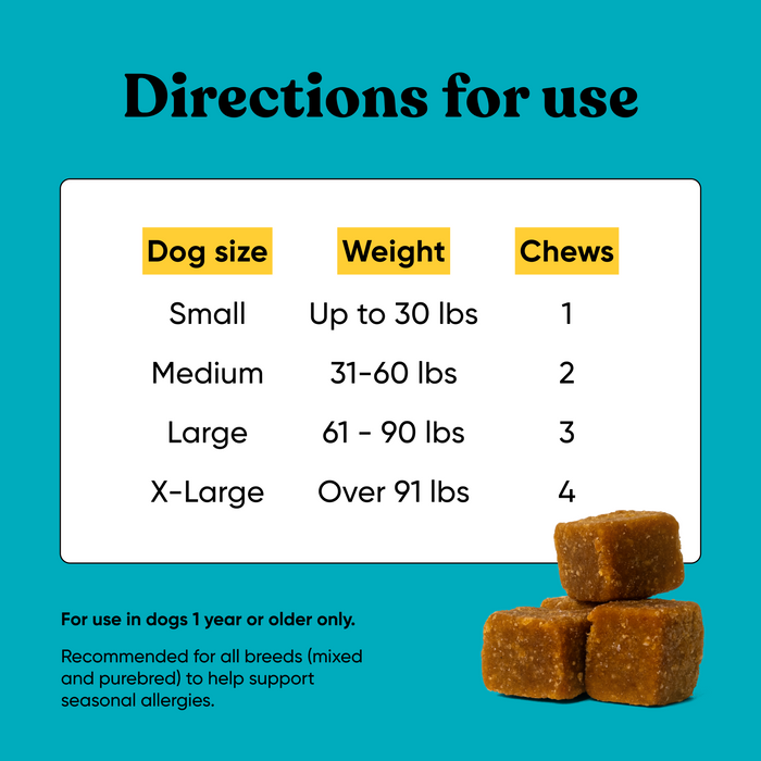 Embark Allergy chew dosing chart by dog size: 1 chew for small, 2 for medium, 3 for large, and 4 for X-large dogs.
