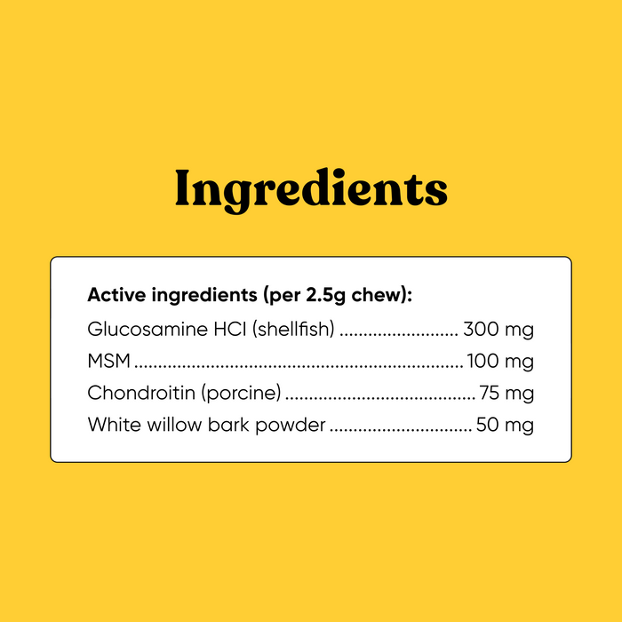 Dog supplement ingredients panel listing Glucosamine HCI, MSM, Chondroitin, and White Willow Bark Powder per 2.5g chew.