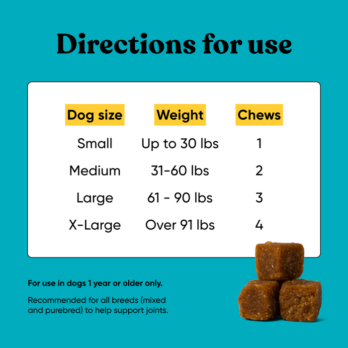 Embark Joint chew dosing chart by dog size: 1 chew for small, 2 for medium, 3 for large, and 4 for X-large dogs.