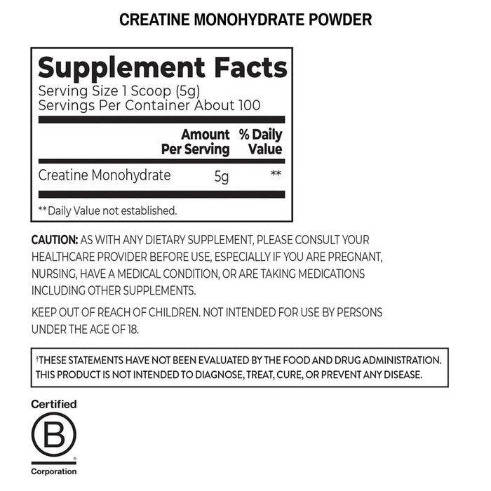 Supplement facts label for creatine monohydrate powder on a white background