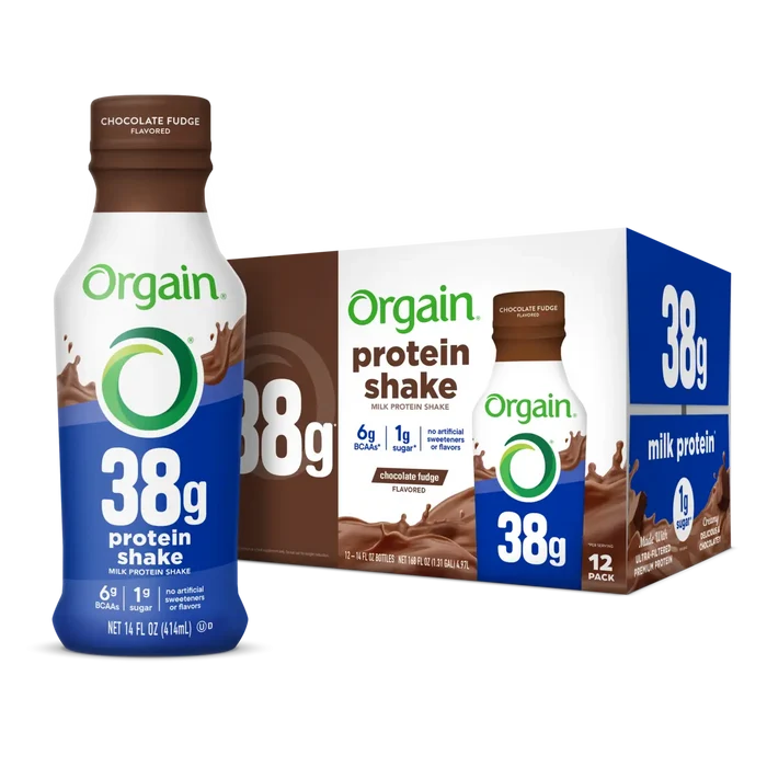 Bottle and Box for the Orgain 38g Protein Shake in Chocolate Fudge flavor in the 12 pack size