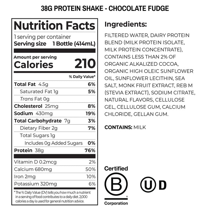 Nutrition facts and ingredients label for a 38g protein shake in chocolate fudge flavor.