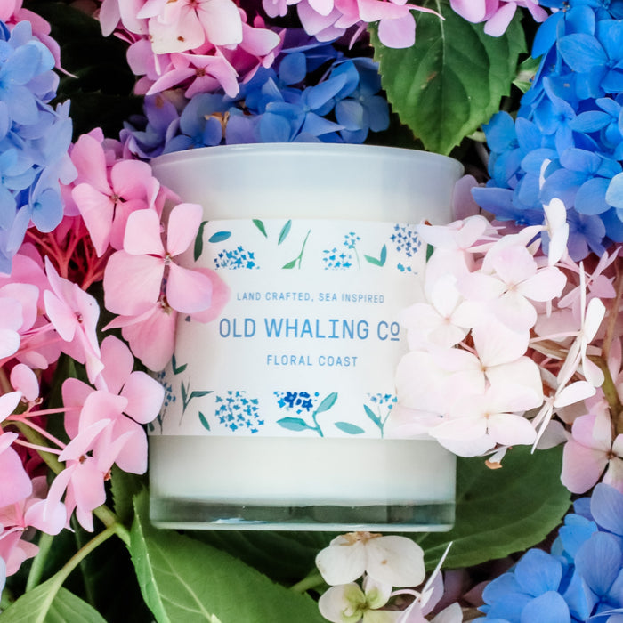 Front of Floral Coast Candle surrounded by blue and pink hydrangeas