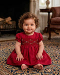 Floral Smocked Silk Red Short Sleeve Baby Girl Dress