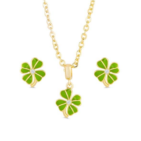Four leaf clover stud earrings and necklace set — children's jewelry, St. Patrick's Day gift