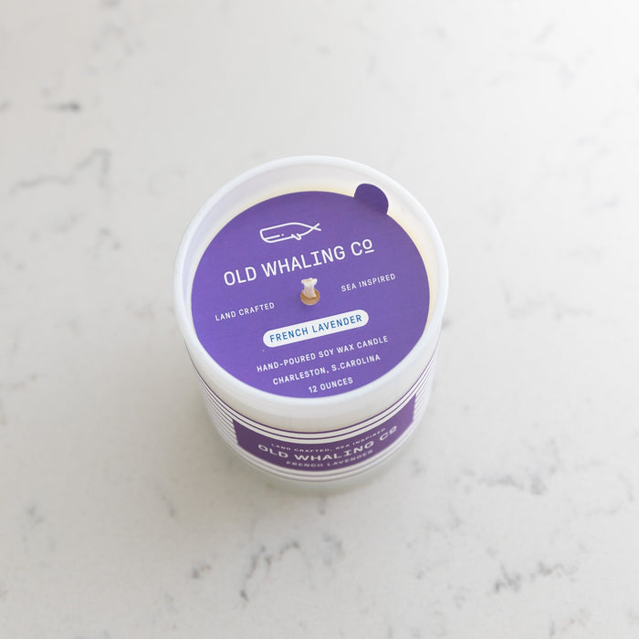 Top view of French Lavender Candle on white marble counter
