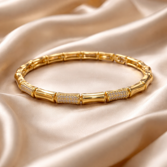 Gold Bamboo Link Bracelet with Crystal Accents | Elegant Stretch Statement