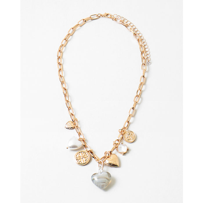 Gold Chain Heart & Pearl Charm Necklace