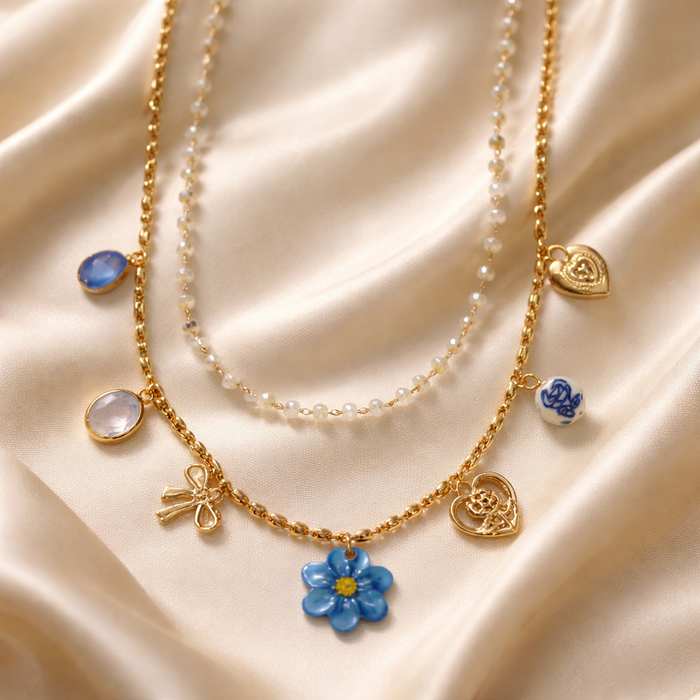 Gold Charm Necklace with Blue Flower Pendant – Layered Beaded & Charm Necklace Gift for Her