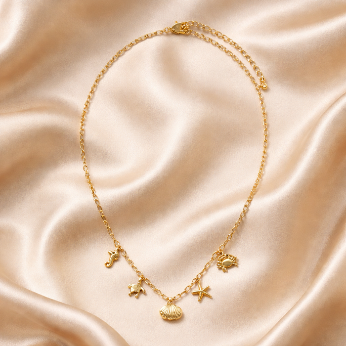 Gold Coastal Charm Necklace | Starfish Shell Seahorse Beach Pendant Necklace Gift for Her