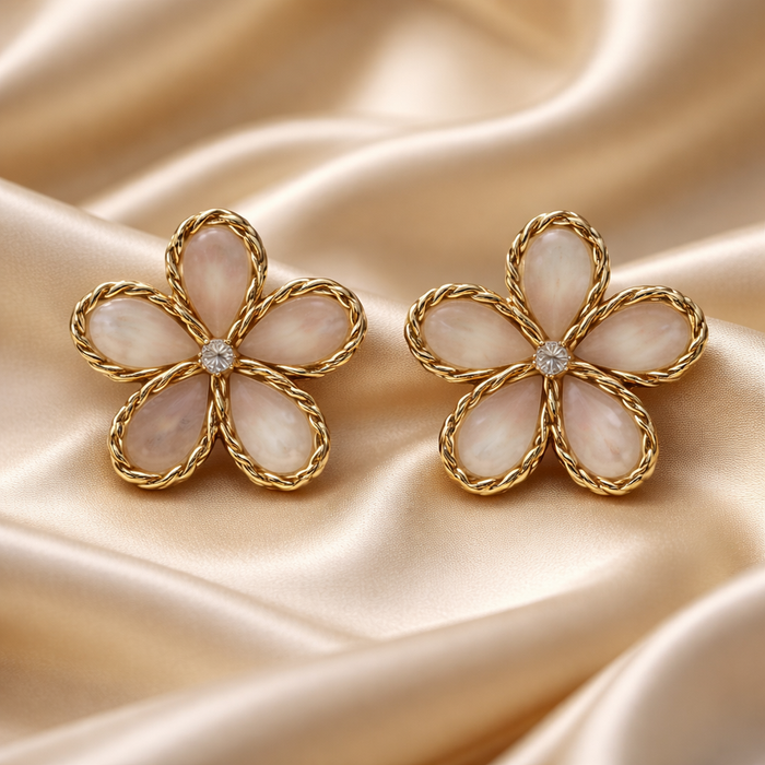 Gold Flower Statement Earrings with Mother of Pearl Petals – Elegant Floral Stud Earrings