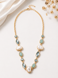 Gold Pearl & Blue Gemstone Statement Necklace | Elegant Coastal Jewelry