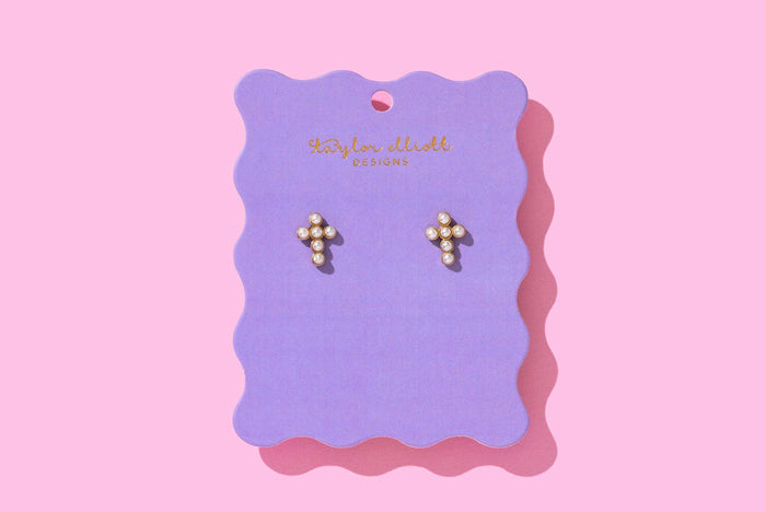 Gold-Plated Pearl Cross Stud Earrings