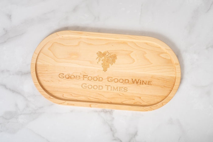 Good Food Good Wine Good Times cutting board — alternate view showing grain detail
