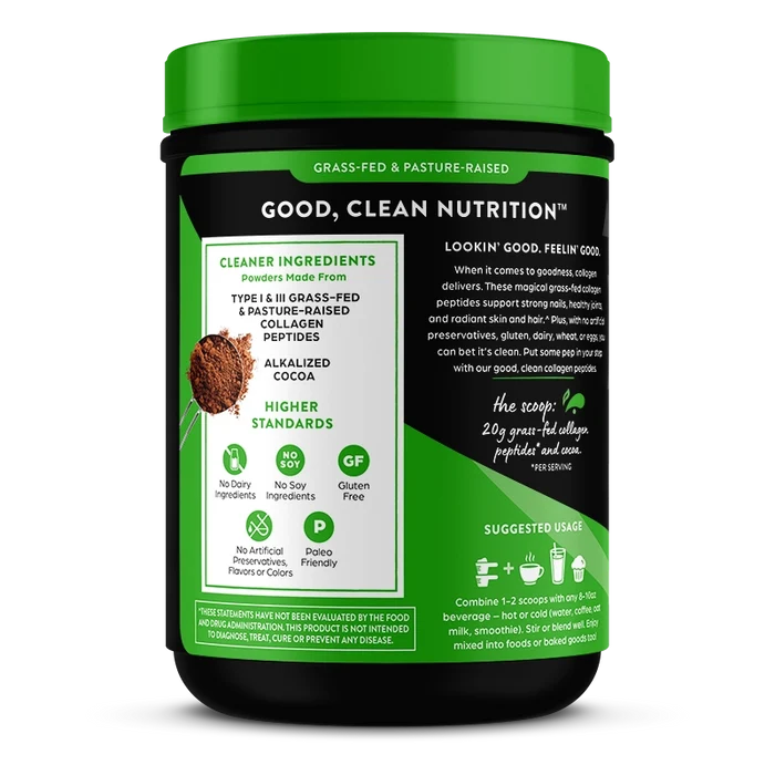 Left side of Grass Fed Pasture Raised Collagen Peptides - Chocolate  Flavor in the 1.15lb Canister Size