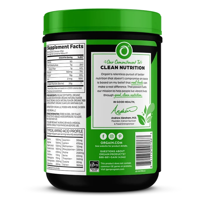 Right side of Grass Fed Pasture Raised Collagen Peptides - Chocolate  Flavor in the 1.15lb Canister Size