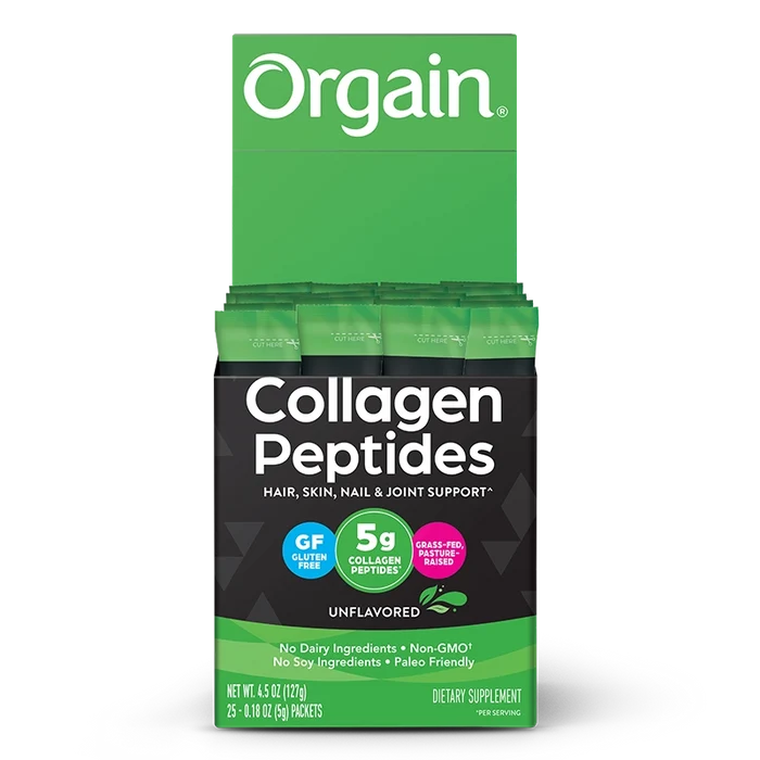 Front of Grass Fed Pasture Raised Collagen Peptides 25 Ct Stick Pack Unflavored Flavor in the 25 Ct Single-Serve Stick Pack Size